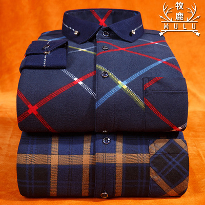牧鹿男士保暖衬衫男长袖格子加绒加厚修身秋冬季休闲衬衣寸衫男装