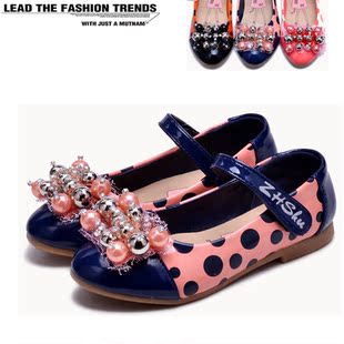  女童童鞋新款春秋季圆点串珠花朵PU皮公主鞋儿童单鞋中大童皮鞋