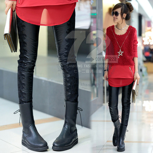  七十二变[YX0529]韩版冬装新款蕾丝拼接显瘦加厚打底裤女