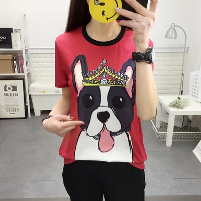 明星同款春夏男女皇冠小狗头红色t恤女丝光棉宽松圆领情侣装潮