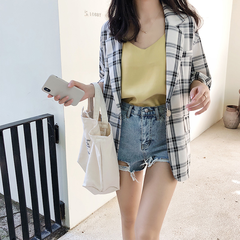 JIEMO 2019新款夏装休闲格子西装外套女薄款韩版英伦风网红小西服|ruв категории Женская одежда, короткое пальто - от Buy2taobao.com для оказания профессиональной услуги покупки агента Taobao