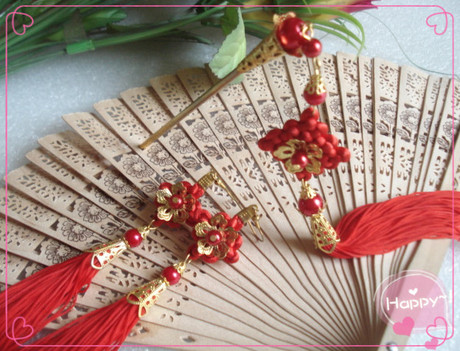 中国结双面金花流苏耳环发簪新娘礼服旗袍唐装