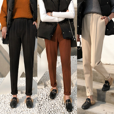 秋冬毛呢裤韩版宽松米白休闲西装裤百搭哈伦裤女小脚九分萝卜裤子