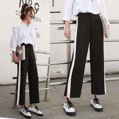 开叉运动阔腿裤女2018春装ins超火宽松高腰九分休闲条纹校服裤夏