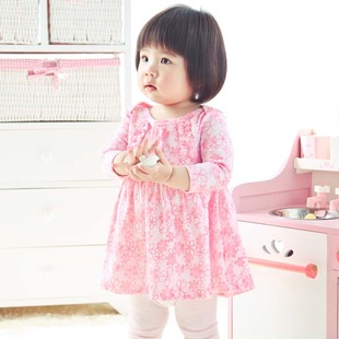  恩恩熊婴儿裙装纯棉连衣裙儿童荷叶边裙长袖公主宝宝裙碎花裙子