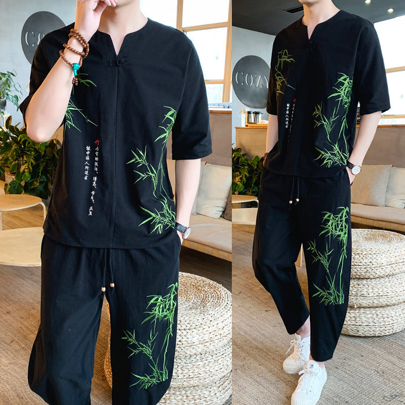 Sub-jun summer Flax suit Leisure clothes Trend Embroidery Short sleeved T-shirt fashion Easy Cotton and hemp men's wearin the Outdoor/Mountaineer/Camping/Travel Goods , Outdoor clothing , Outdoor leisure clothes , Outdoor leisure pants suit category - from Buy2taobao.com to provide professional Taobao agent buy service