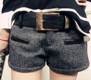  春秋冬 韩版进口毛呢拼皮口袋显瘦舒适时尚百搭短裤靴裤 新女裤子