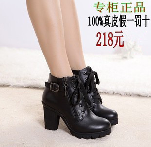  接吻猫短靴新款靴子牛皮女靴粗跟单靴高跟女短靴防水台马丁靴特价