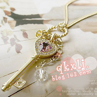  1804 韩版饰品批发 满包邮 紫水晶爱心金色皇冠钥匙项链/毛衣链