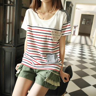  10-1913s 海军风 t恤 女 红白条纹t恤学院色蕾丝口衣袋短袖