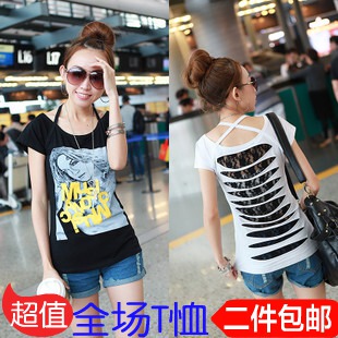  韩版女装新款t恤女修身纯棉蕾丝拼接露背夏短袖T恤 女