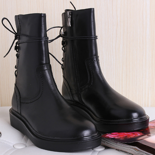  春秋季欧美平底机车靴系带真皮女靴新款马丁靴子王菲同款周迅短靴