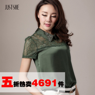  夏女装打底衫短袖t恤女韩版潮拼接大码蕾丝拼接镶钻钩花镂空上衣