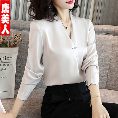 白衬衫女2019秋装新款韩范职业长袖V领上衣宽松气质衬衣打底小衫