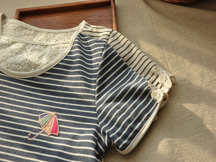  那木家外贸文艺休闲全棉森女系 条纹蕾丝钩花拼接 刺绣短袖T恤