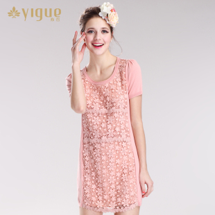 Yigue/亦谷新款正品蕾丝花边拼接针织毛衫短袖连衣裙镂空花朵