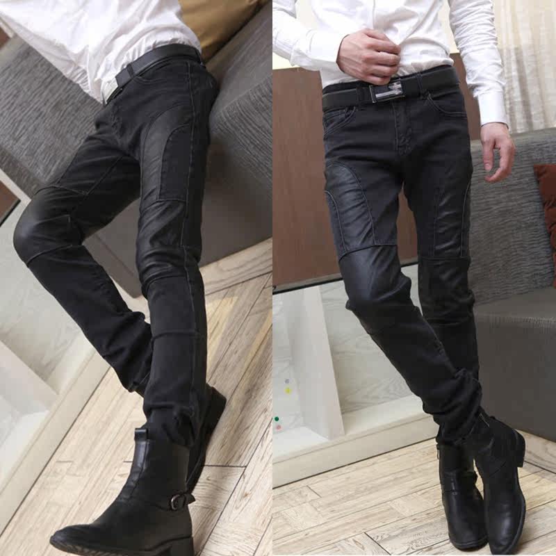 Denim stitching pants for casual foot tide men's skinny pants, men's pants, Korean slim surge