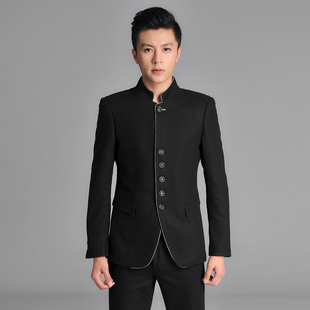  冬款男装毛呢西服立领西装镶边西装单西修身西服