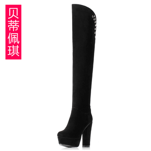  贝蒂佩琪 秋冬季女靴真皮超高跟铆钉粗跟防水台高筒靴过膝长靴子