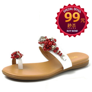 夏季新款正品拖鞋牛皮平跟串珠水钻女鞋凉鞋 包邮