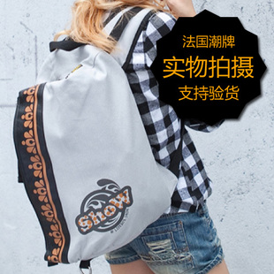  韩版新款帆布饰条多用背包 法兰西潮牌男女通用单双肩两用运动包