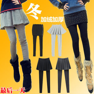  包邮假两件加厚加绒打底裤 女 秋冬季大码显瘦拼接包臀打底裤裙裤