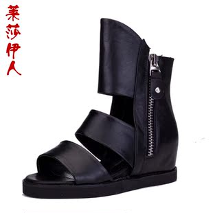  头层牛皮时尚镂空高帮平底女鞋内增高鞋复古罗马凉鞋欧美英伦风鞋