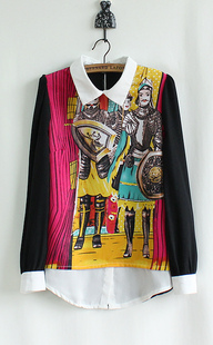   春 时尚新颖色丁复古印第安人像 撞色翻领气质高档百搭衬衫