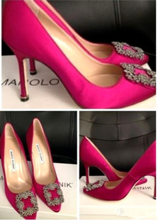  Manolo Blahnik Hangis 蓝色绸缎面水晶方扣 高跟鞋 欲望都市婚鞋