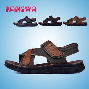  康娃男牛皮复合底露趾魔术贴夏季皮革拼接童鞋凉鞋 亲子 婴儿童装