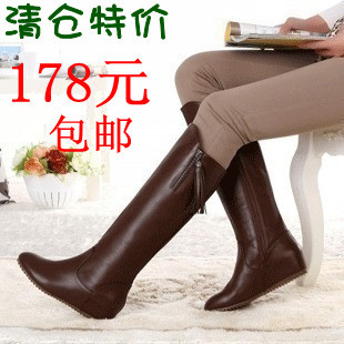  清仓秋冬新款千百麗人挚爱平底真皮流苏内增高高筒靴长靴女靴子