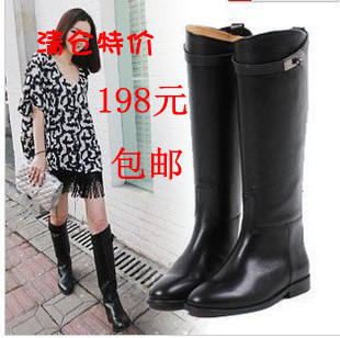  欧美秋冬新款女靴真皮高筒靴平跟平底长靴英伦马丁靴骑士靴机车靴