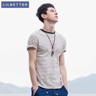  lilbetter夏装新品韩版修身休闲条纹印花短袖T恤男潮时尚圆领拼色