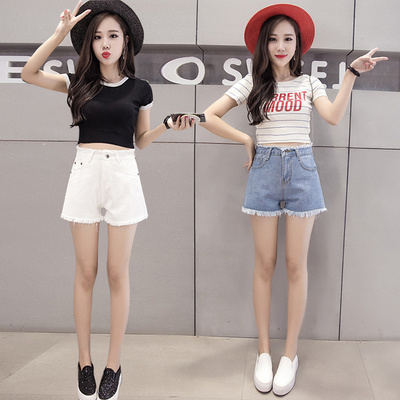 高腰白色牛仔短裤女夏宽松阔腿热裤学生显瘦a字短裤大码毛边薄款