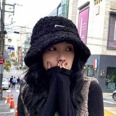 网红款帽子女秋冬韩版潮绒百搭适合冬季渔夫帽羊羔毛冬天圆脸毛绒