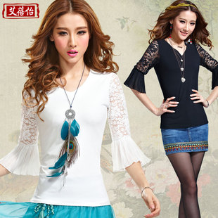  艾蓓怡 夏装新款女装 淑女蕾丝拼接喇叭袖 v领五分袖t恤 女