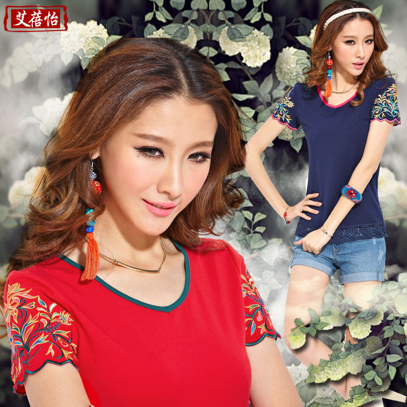 Ai Beiyi 2013 summer dress Ladies t shirt chain cutout embroidery round neck short sleeve women t-shirt size