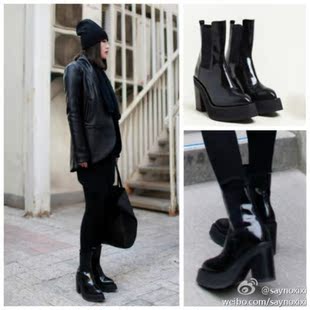  秋冬欧美阿爆同款 黑色牛漆皮粗跟厚底女式短靴 机车靴马丁靴