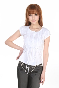  美特原单小清新甜美拼接蕾丝花修身纯棉T恤女