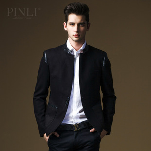  PINLI 春装新款男装韩版PU皮拼接毛呢休闲西服小西装男外套