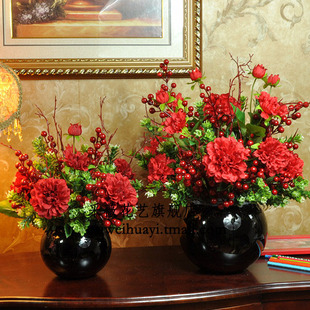  采薇-花好月圆 仿真牡丹花艺套装 大丽花 中式红色客厅家居装饰花