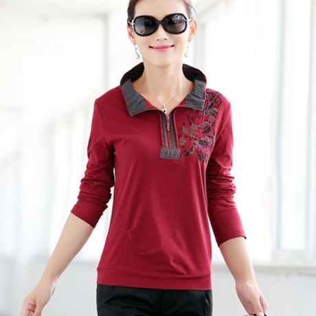 包邮成熟大气中年女装有领女式长袖t恤带领小