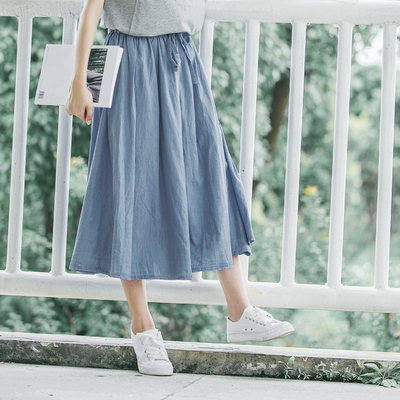 谧斯牛仔半身裙女夏2018新款学院风水洗系带高腰显瘦中长款a字裙