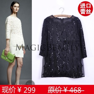  夏装女新款四色睫毛蕾丝上衣Valenti**拼接短袖T恤薄专柜同款