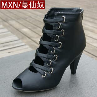  夏新款凉鞋夏季罗马复古风皮带交叉绑带后拉链高跟牛皮鱼嘴女