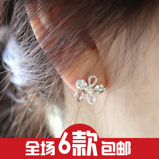  0011韩国饰品批发闪钻复古气质女士五叶花耳钉小清新气质花瓣耳饰