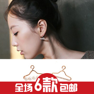  韩版饰品批发 超精致推荐 别致不对称衣架镶嵌闪石耳钉珍珠