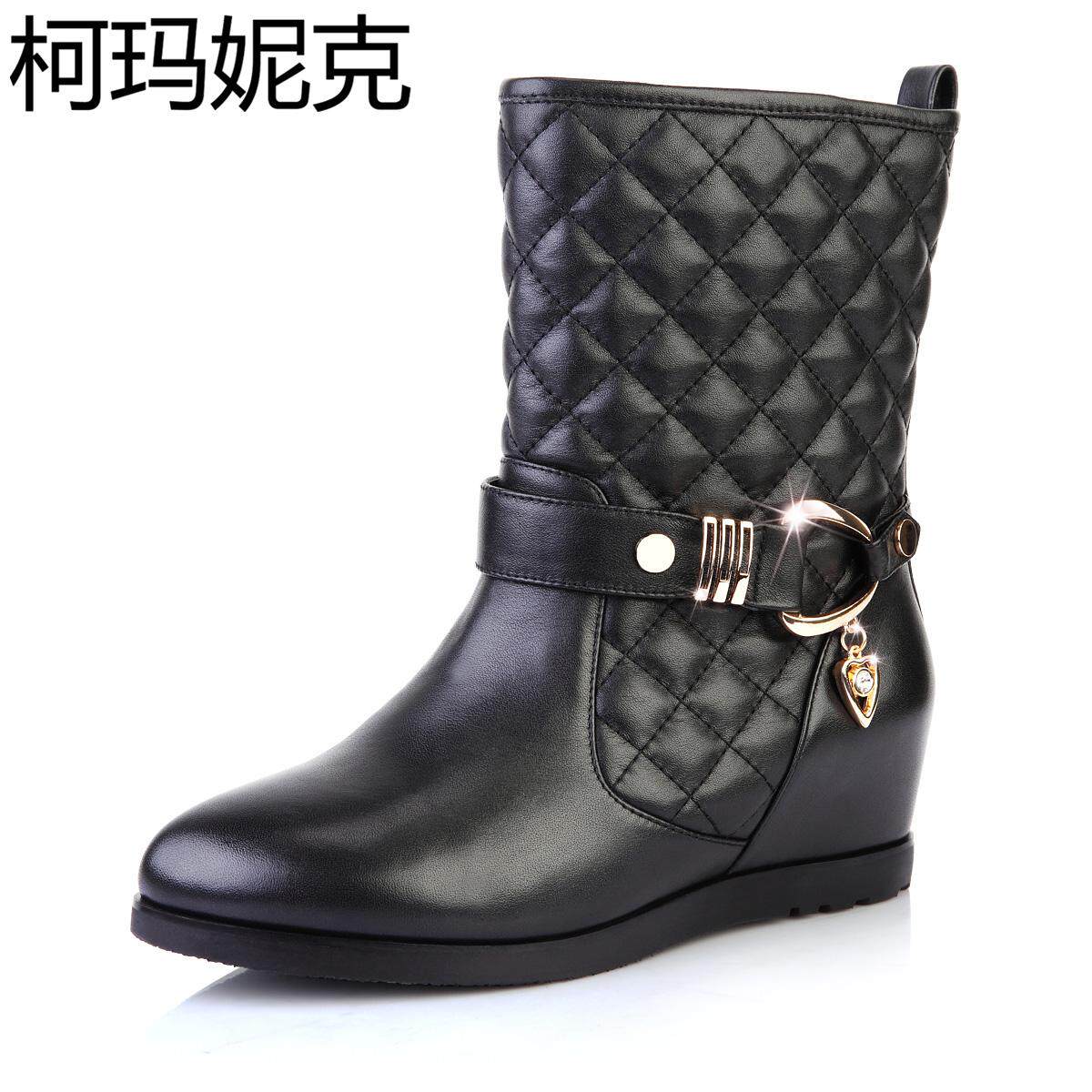 柯玛妮克/Komanic 优雅头层牛皮女靴 皮带扣内增高中筒靴K36805