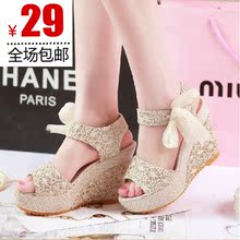 2013 summer new women's shoes fish head mixed colors sandals sub-slope with high-heeled muffin thick crust waterproof linen