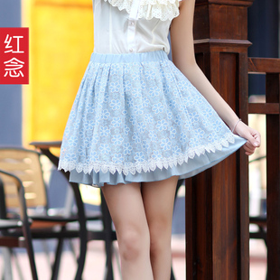  红念蕾丝短裙 韩版高腰雪纺蓬蓬裙百褶A字半身裙子夏季品质女装